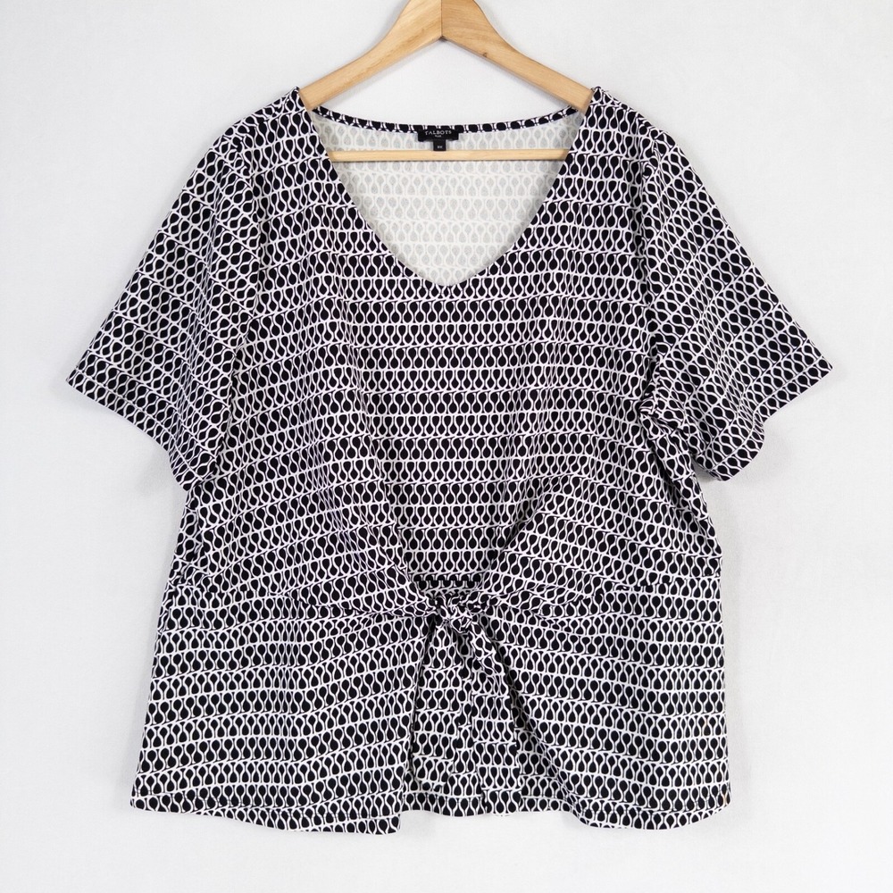 Talbots Top Shirt Blouse Womens Sz 2X Black White Geometric Stretch Knit Knotted
